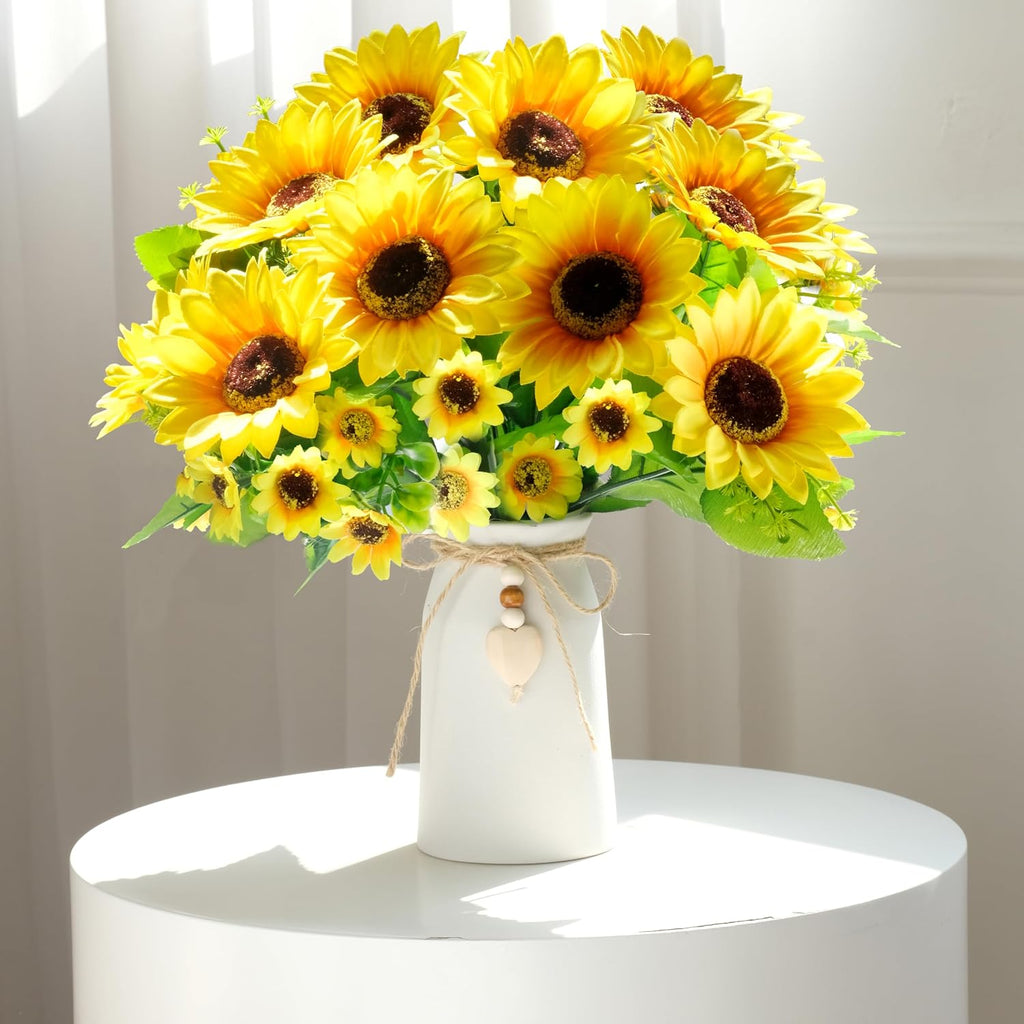 Artificial Sunflower Arrangement in Cream Vase, Silk Fake Flowers in Vase with Jute Rope & Heart Charm, Table Centerpieces for Dining Room, Kitchen and Table Décor