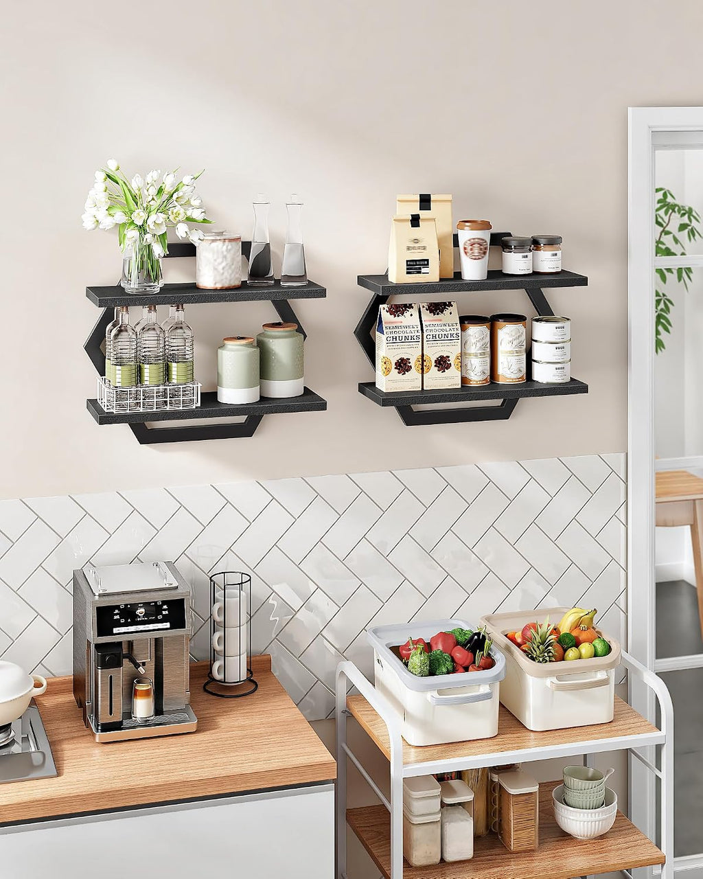 CHOEZON Hexagon Floating Shelves for Wall, Set of 2, 2 -Tier Hanging Shelves, Wall Mounted Storage Shelves, for Living Room, Bedroom, Kitchen, Home Office, Study, Black TBJ06P2BB