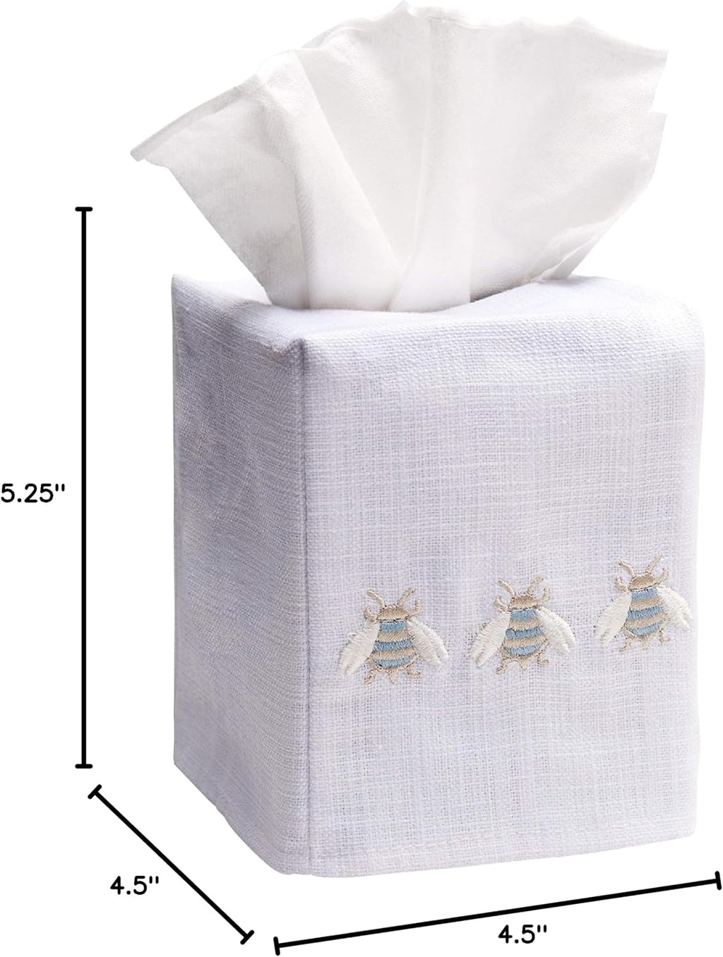 Jacaranda Living Square Tissue Box Cover, Linen/Cotton Fabric Tissue Holder, Decorative Cloth Tissue Cube Cover, Embroidered Bee Designs, Three Napoleon Bees (Duck Egg Blue)
