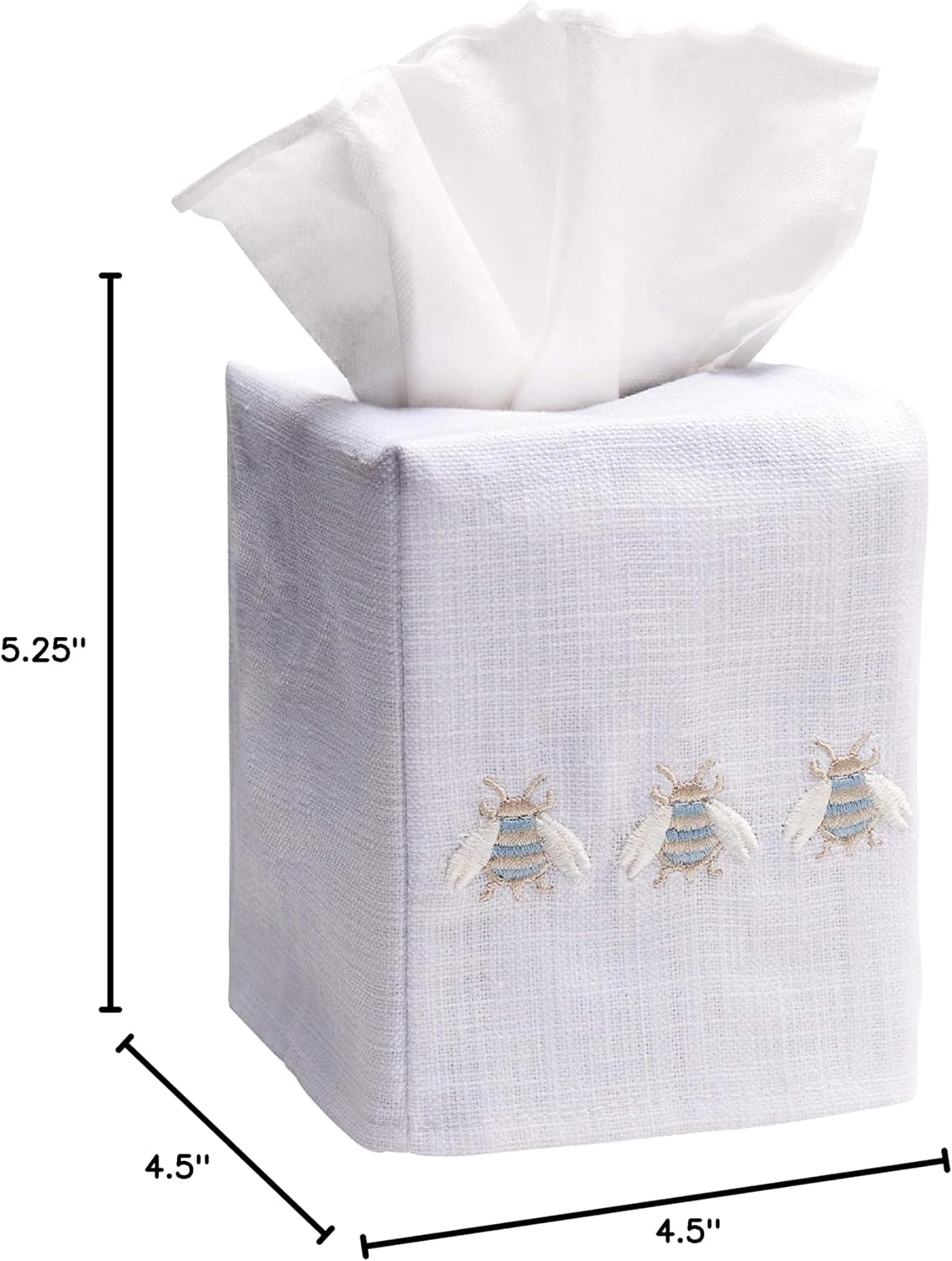 Jacaranda Living Square Tissue Box Cover, Linen/Cotton Fabric Tissue Holder, Decorative Cloth Tissue Cube Cover, Embroidered Bee Designs, Three Napoleon Bees (Duck Egg Blue)