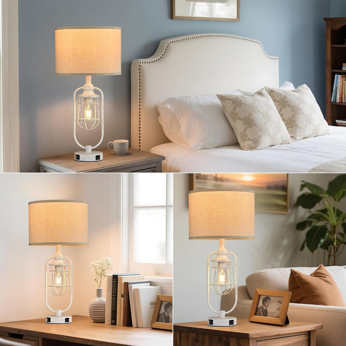 24" Antique Farmhouse Table Lamps Set of 2 for Living Room, USB A+C