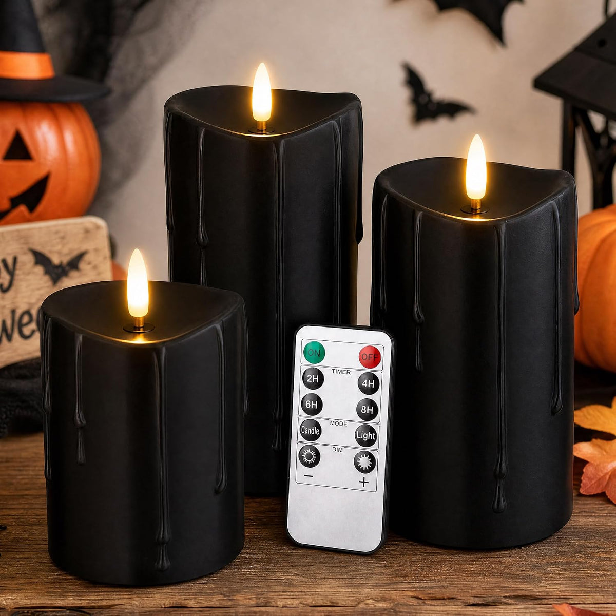 Halloween Black Dripping Wax Flameless Pillar Candles with Remote, Set of 3