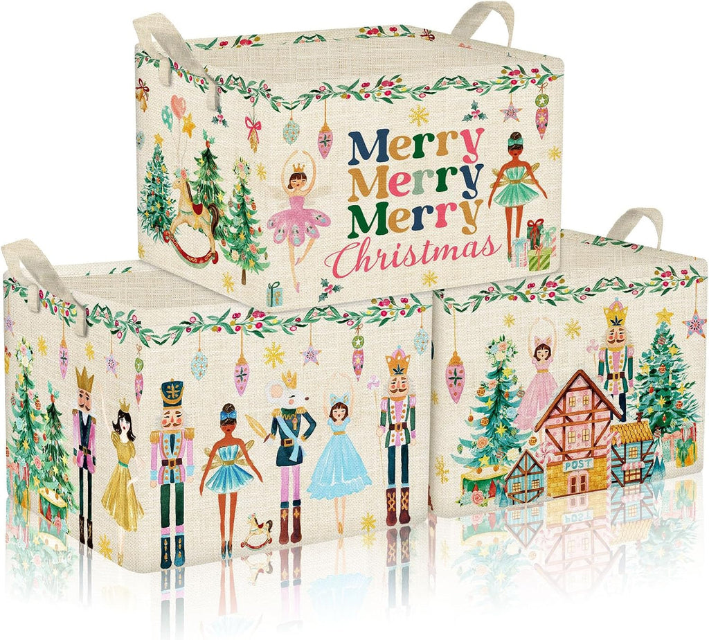Beeveer 3 Pcs Christmas Nutcracker Baskets for Gifts Empty Christmas Tree Ballet Girl Soldier Storage Bin with Handle Fabric Storage Container Cube Box for Home Office Dorm Closet Shelf Organizer