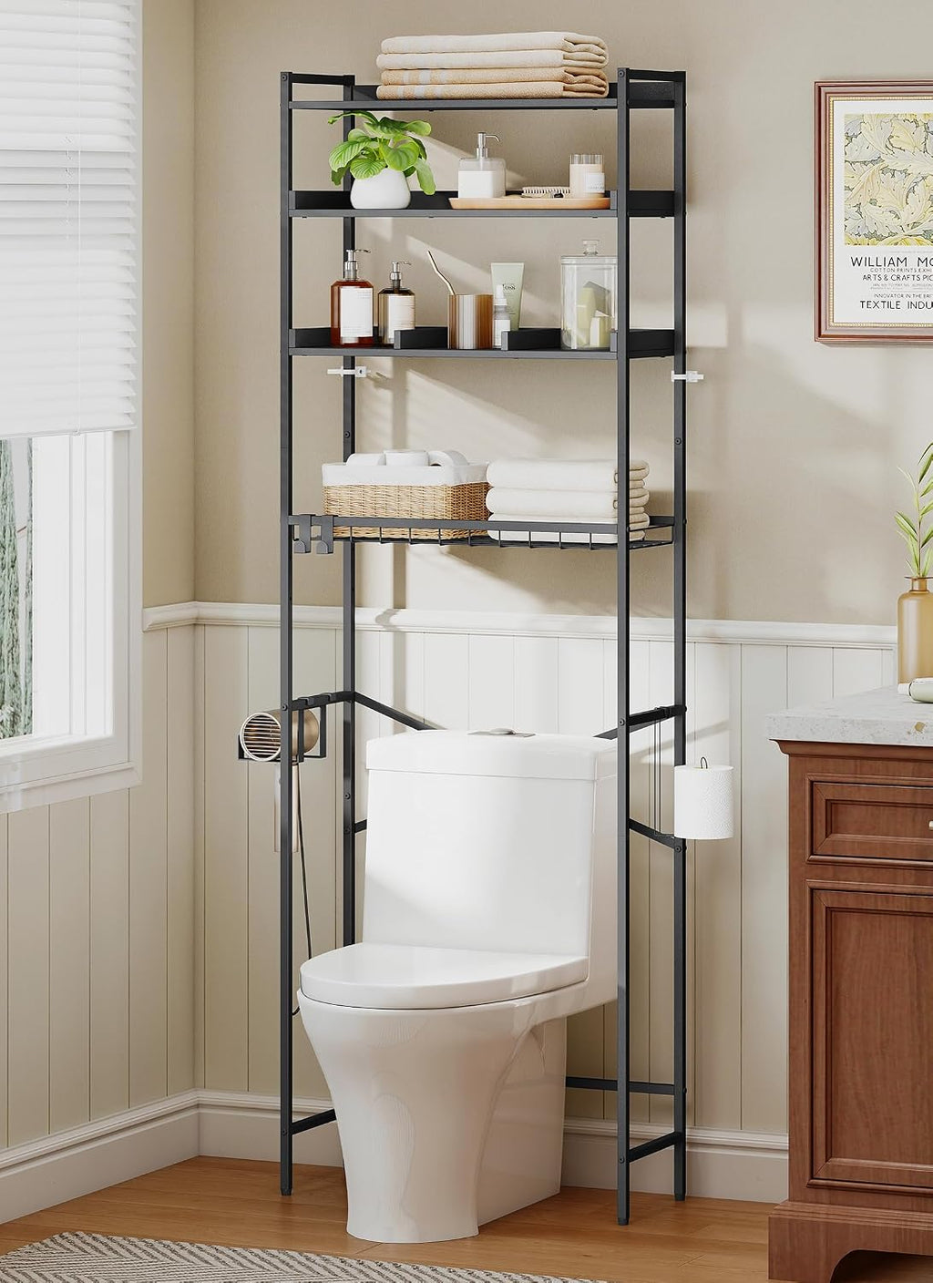 Quikraen 4 Tier Over The Toilet Storage Shelf with 3 Adjustable Shelves, Space Saver Bathroom Organizer with 4 Hooks, Freestanding Above Toilet Rack for Restroom Laundry (Black)
