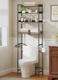 Quikraen 4 Tier Over The Toilet Storage Shelf with 3 Adjustable Shelves, Space Saver Bathroom Organizer with 4 Hooks, Freestanding Above Toilet Rack for Restroom Laundry (Black)