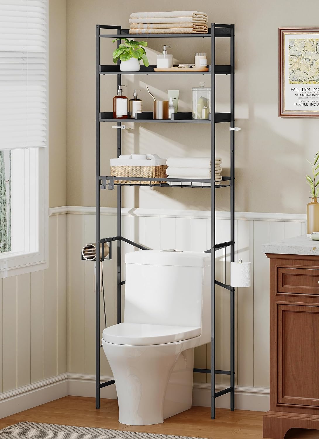 Quikraen 4 Tier Over The Toilet Storage Shelf with 3 Adjustable Shelves, Space Saver Bathroom Organizer with 4 Hooks, Freestanding Above Toilet Rack for Restroom Laundry (Black)