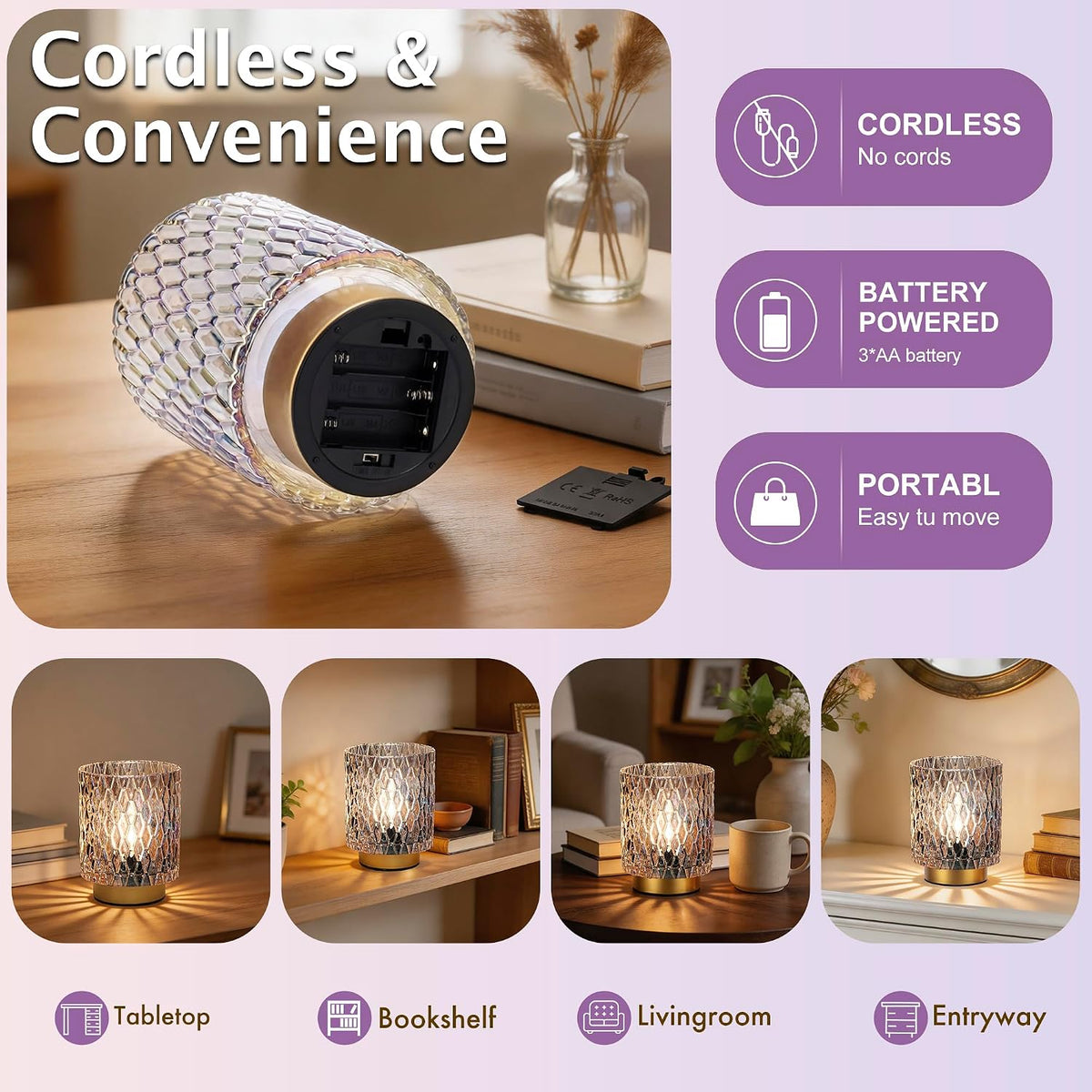 ULAROOM Battery Operated Table Lamp,Cordless Small Accent lamp, Clear