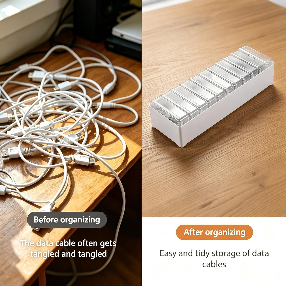 11 Compartment Cable Organizer Box – Clear, with Switch Access, Cable Straps & Labels – Cord Management Storage for Charging, USB, Power Cords, Earphones & Stationery – for Desk, Home, Office & Travel