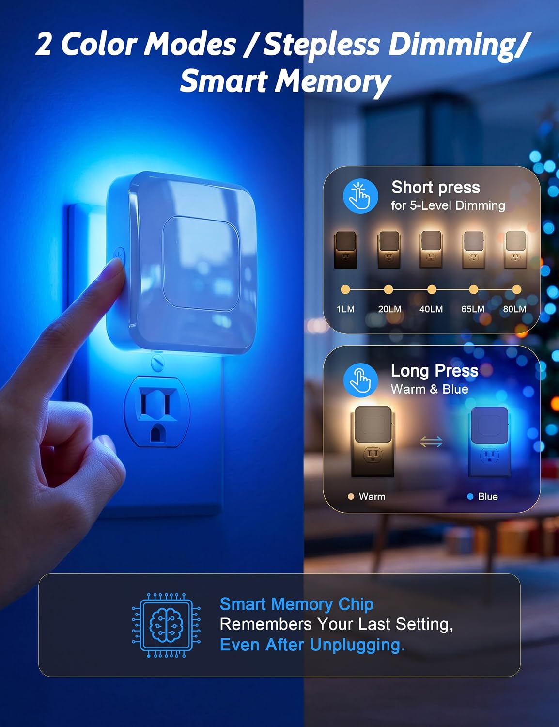 Sujeet Plug-in Motion Sensor Night Light, Blue & 2700K Warm White, 4 Pack