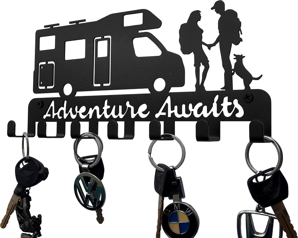 Metal Camper Key Holder, 7 Hooks, Wall Mounted Key Rack, Black, Rustic Style