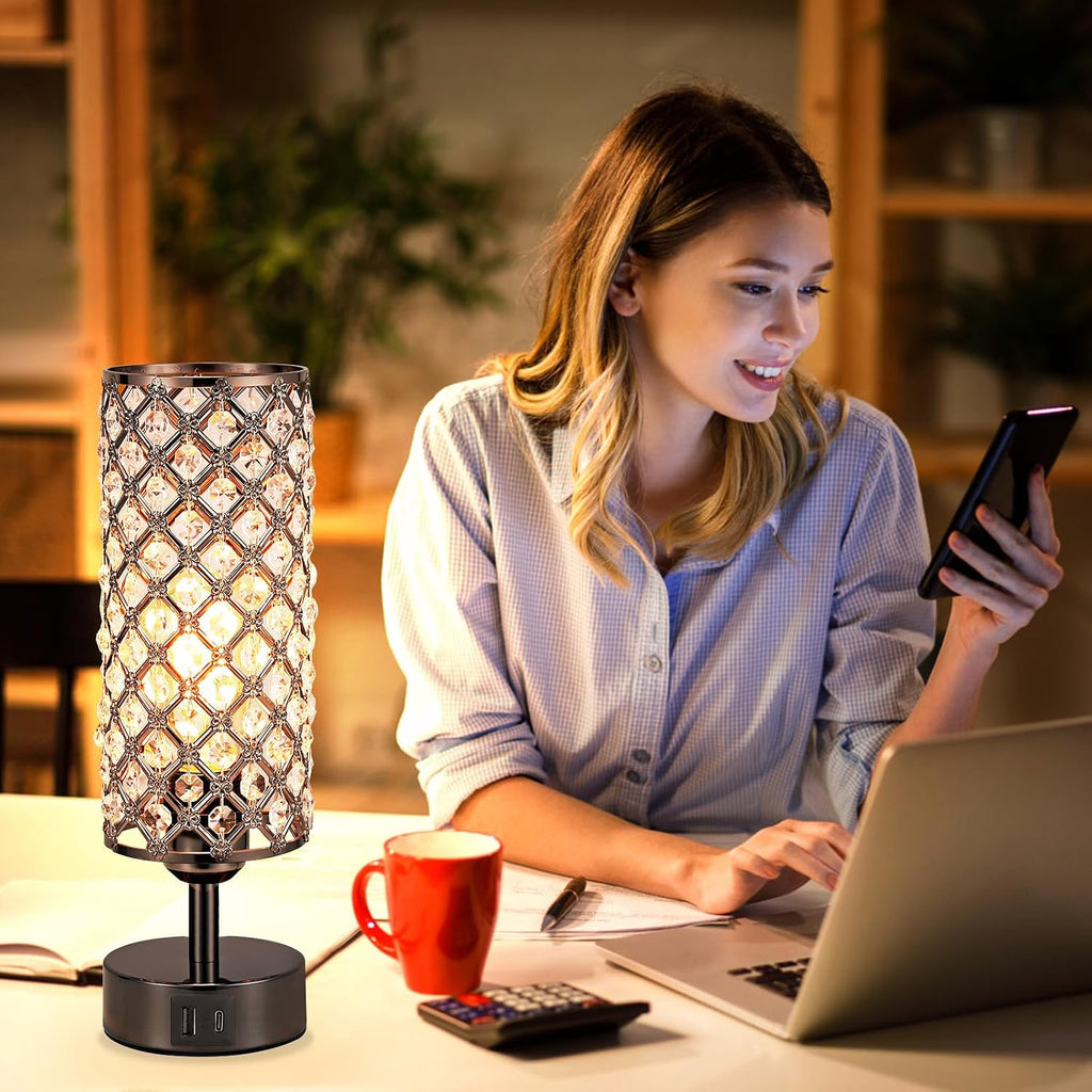 Black Crystal Touch Lamp with USB-C/A, 3-Dim Dimmable for Bedroom, Modern