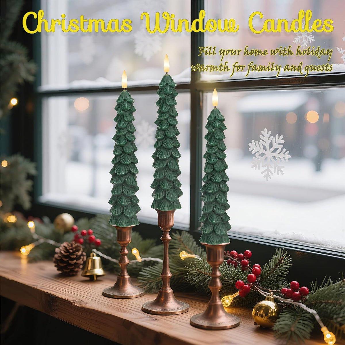 JOIONE Flameless Christmas Tree Taper Candles with Remote Set of 3, Green