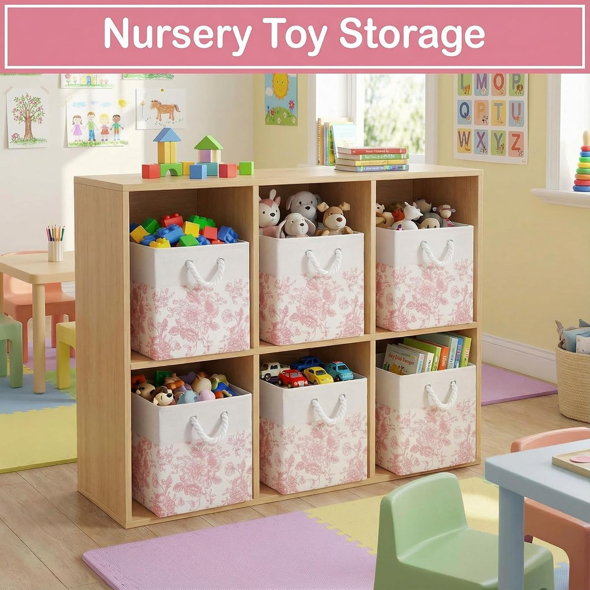 Pink Floral Cube Storage Bin Set of 6 Cube Storage Basket, 11.22 Inch