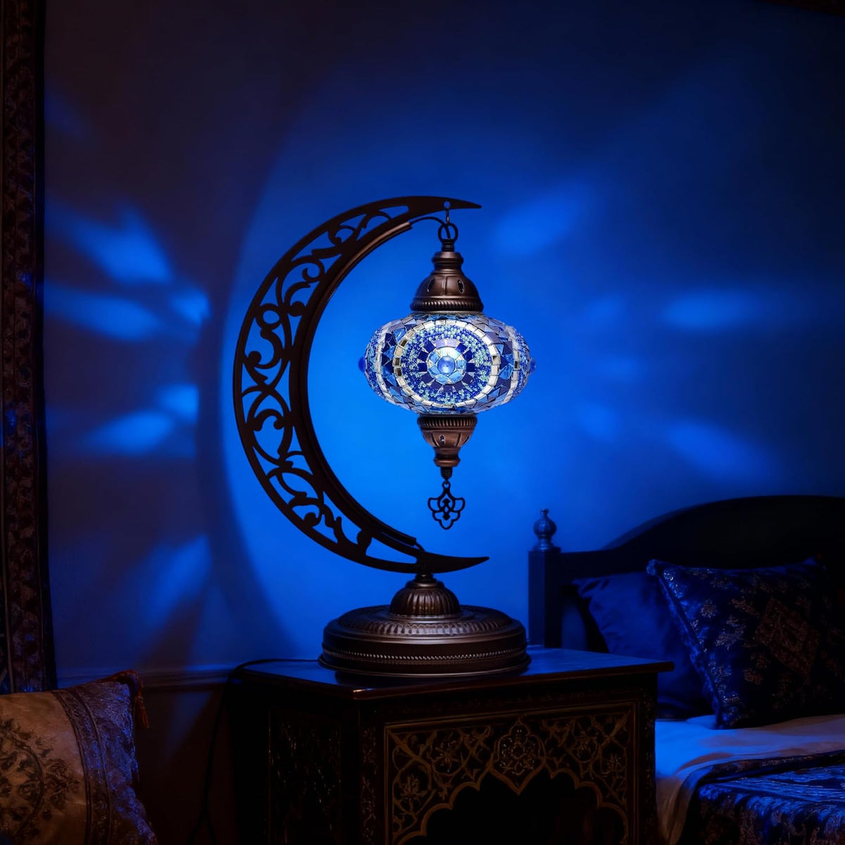 Turkish Lamp, Unique Lamps, Moon Shaped Mosaic Table Lamp, Moroccan Handmade Antique Bohemian Vintage Lamp Shade, Tiffany Desk Bedside Stained Glass Lamp with US Plug and E12 Socket