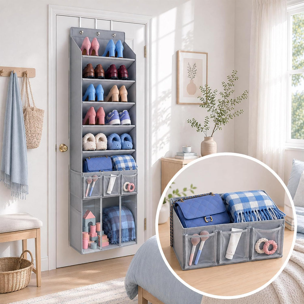 3in1 Over The Door Shoe Organizer with 5 Slanted Compartments,Removable Storage Bin & Transparent Pockets,Thickened Waterproof Oxford Fabric Shoes Rack for Shoes,Boots,Toys,Daily Essentials. (Grey)