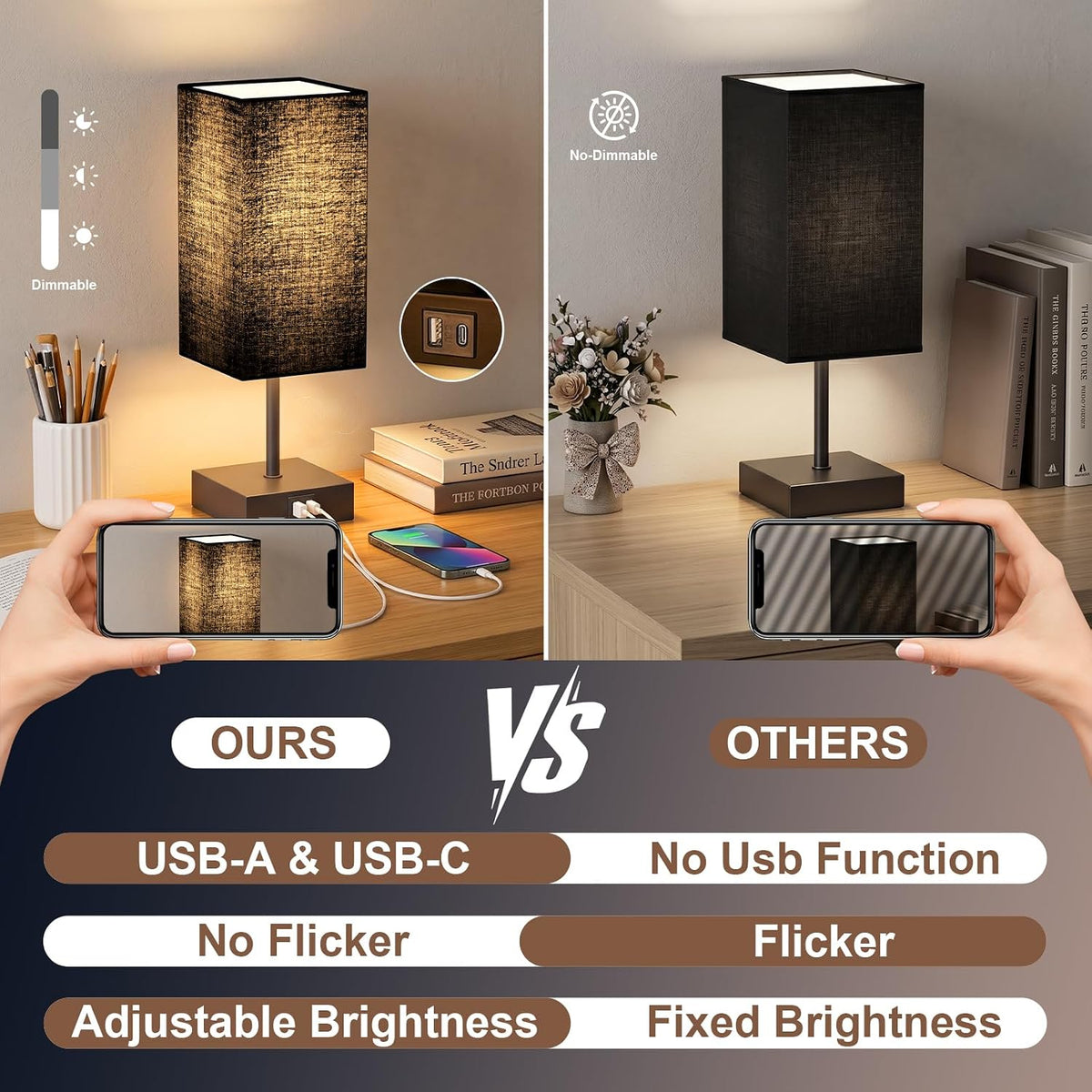 Bedside Lamp for Bedroom Touch Control Nightstand Lamp with USB C+A