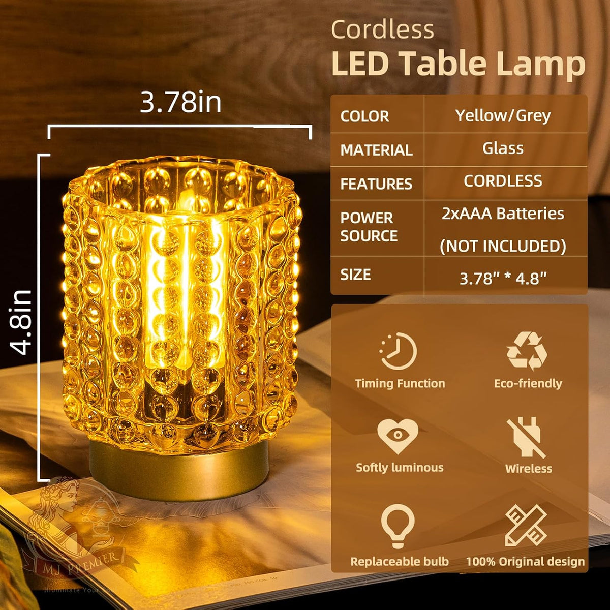 Battery Operated Lamp Timer, Small Cordless Lamp Decorative, 2 Pack Yellow