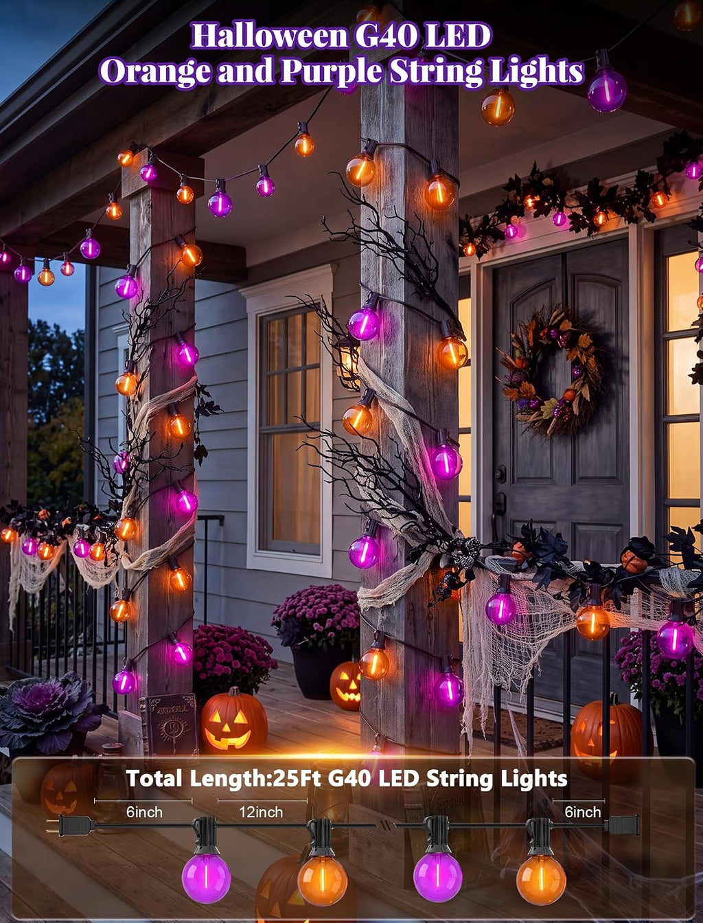 25Ft LED Orange Purple String Lights, Outdoor Halloween Lights