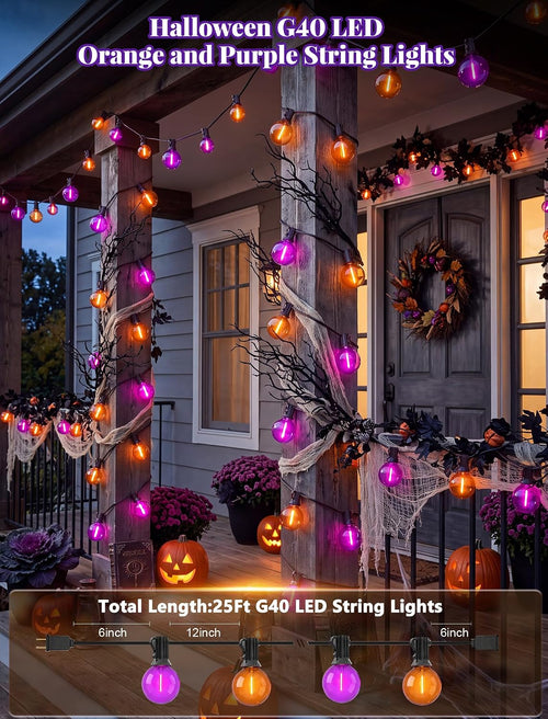 25Ft LED Orange Purple String Lights, Outdoor Halloween Lights
