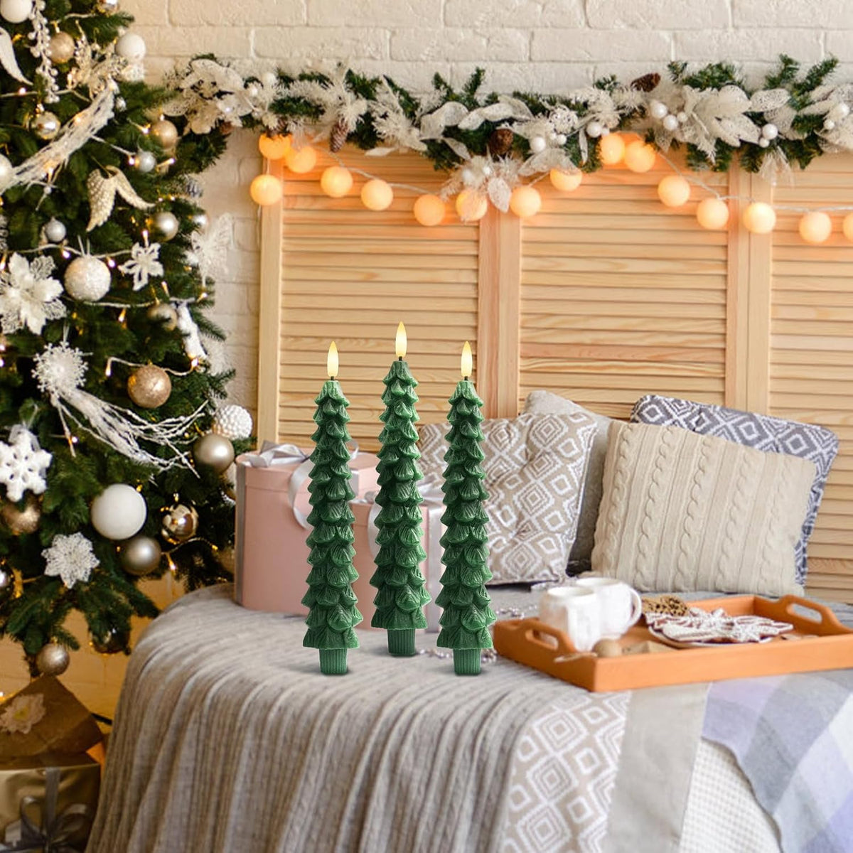 3PCS Christmas Tree Candles, 9.7 Inch Flameless Taper Candles with Remote and Timer, LED Battery Operated Taper Candlesticks with 3D Flickering for Christmas Home Decoration.