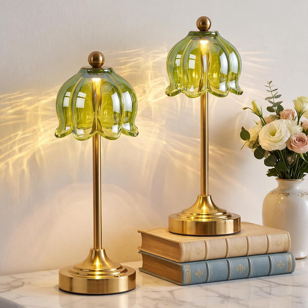 Cordless Touch Table Lamp with Glass Shade (Green, 2 Pack)
