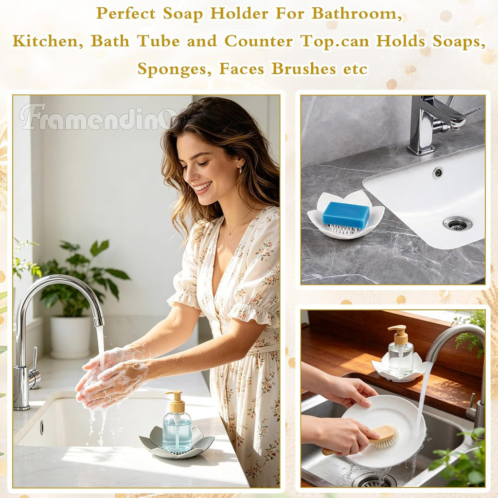 Framendino, 4 Pack Silicone Soap Dishes, Flexible Non-Slip Floral Shaped Design Self-draining Sponge Bar Holder Flower Shape Saver for Shower Bathroom Kitchen Sinks