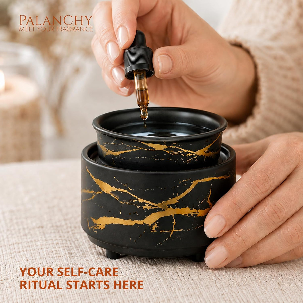 PALANCHY Wax Warmer Set of 2 Black & White Glazed Ceramic with Gold Accents