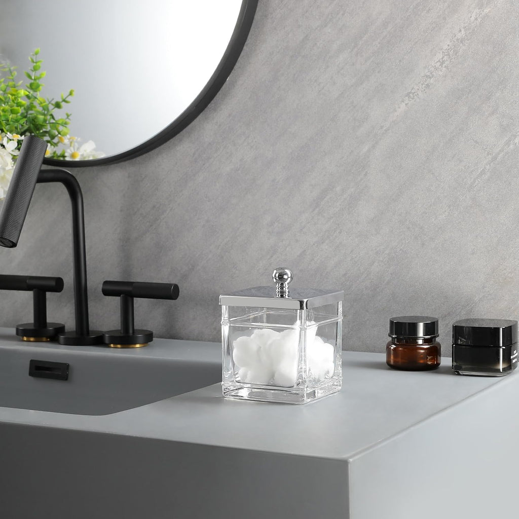 Clear Transparent Hotel Style Apothecary Tempered Glass Canister Jar W/ Matte Black Metal Lid Cover, Classic Countertop Organizer for Cotton balls/pads, Floss Picks, Makeup Storage