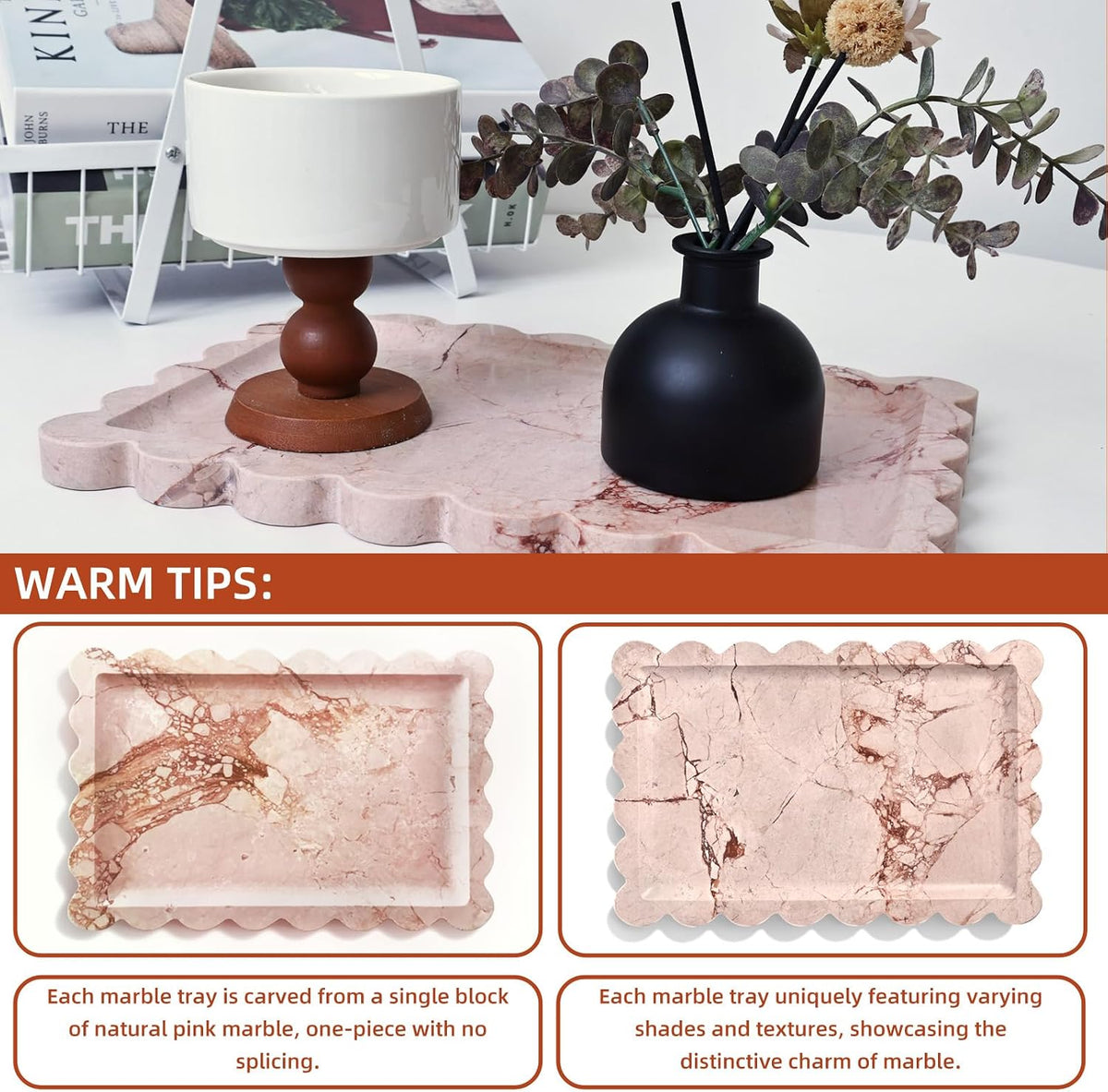 Yew & Tulip Natural Marble Vanity Tray with Scalloped Rim, Nature Rose Pink Luxury Stone Serving Tray for Bathroom, Kitchen, Vanity, Home Decor, Wedding etc. (12"x 8" x 0.6")