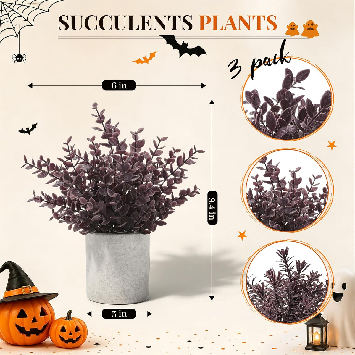 Der Rose 3 Pack Plum Eucalyptus Fake Plants for Halloween Bathroom Decor