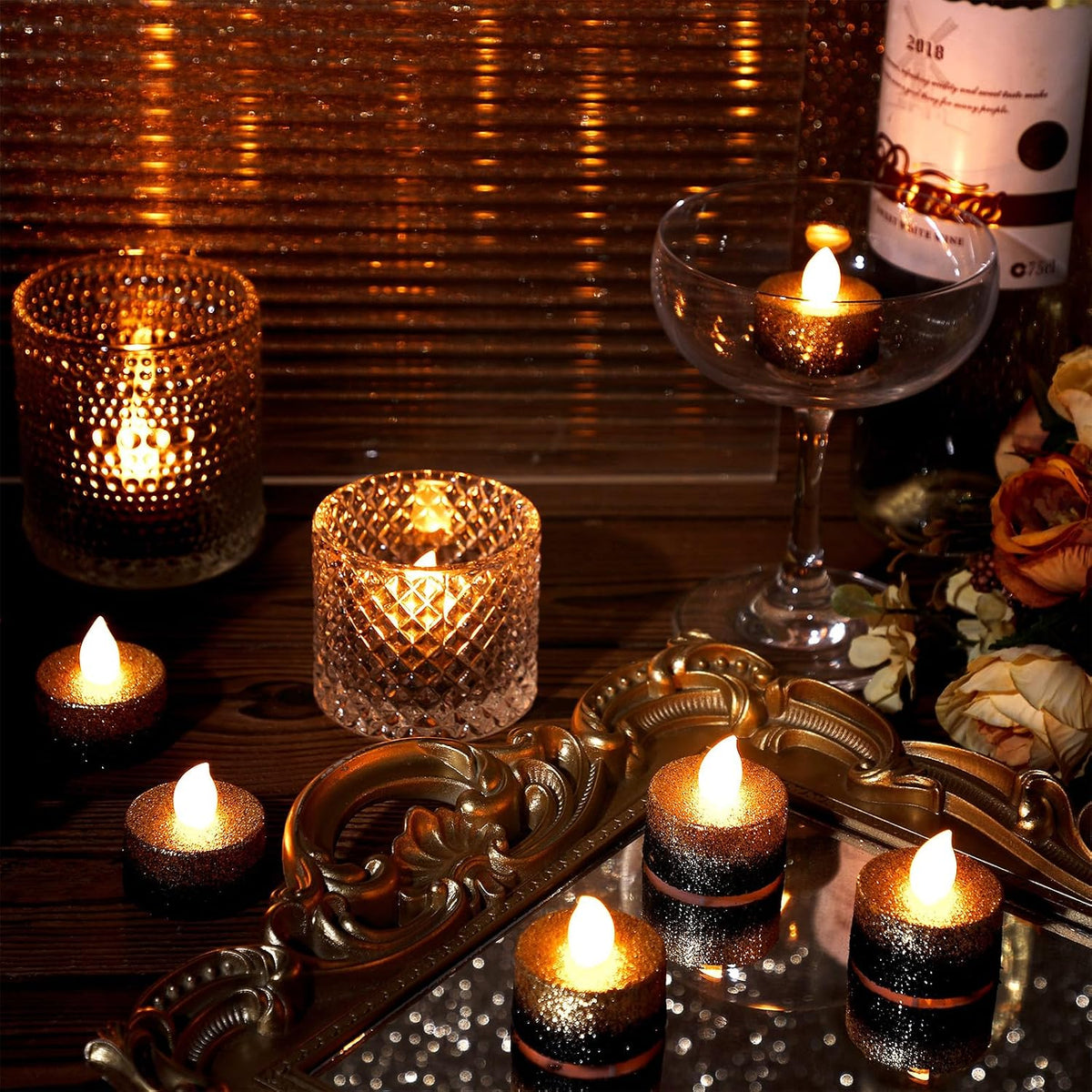Rossesay 24 Pcs Black Gold Flameless LED Tea Lights Glitter Candles