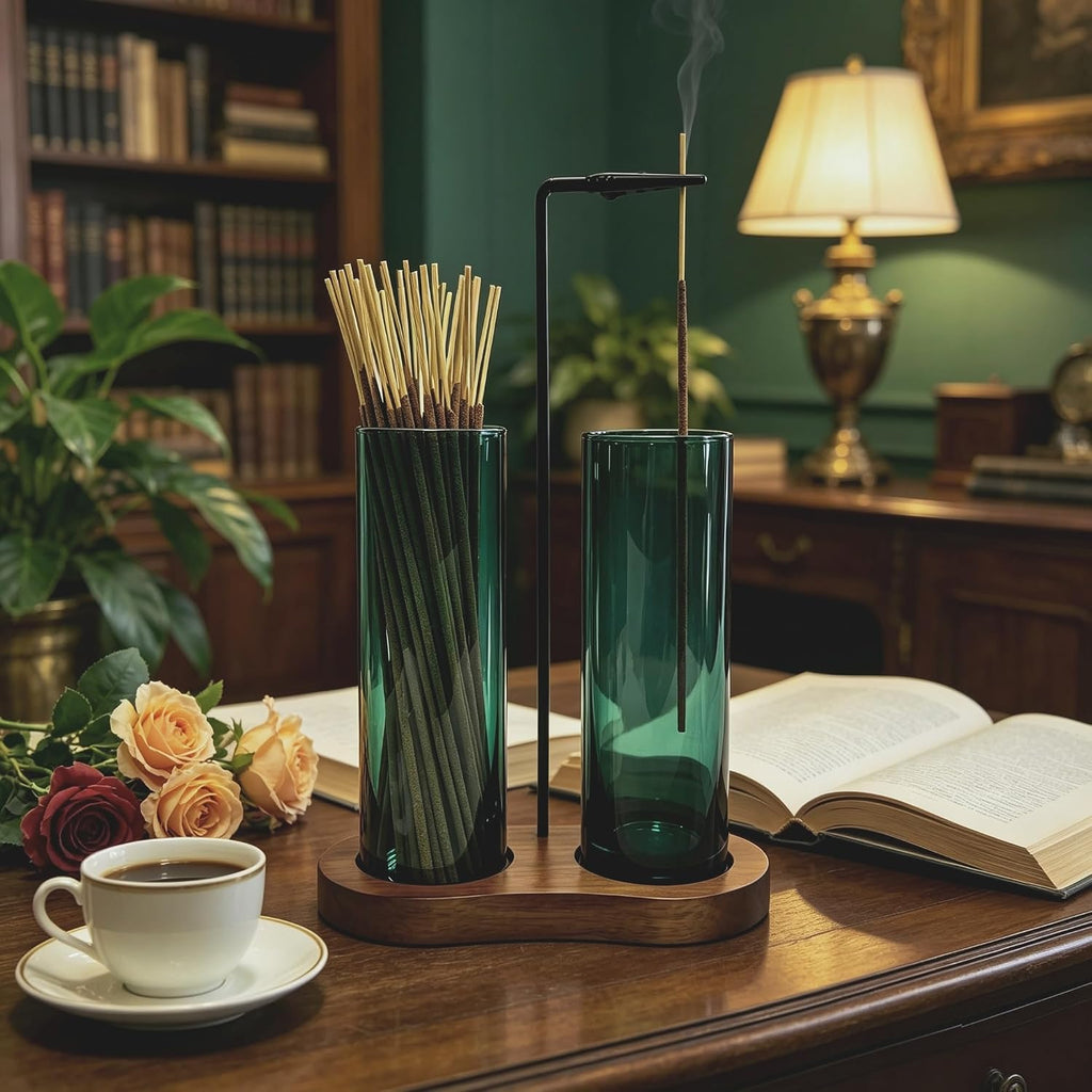 Emerald Green Incense Holder, Incense Sticks Burner Holder with Storage,Hang Upside Down Incense Holder for Sticks with Glass Ash Catcher for Room Decor (Dark Emerald)