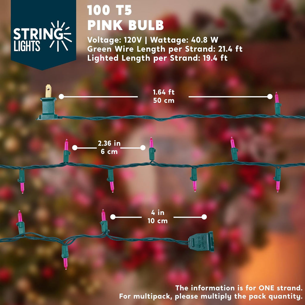 Joiedomi Pink Christmas String Lights,100 Count 21.4FT Fairy Tree Lights Plug in for Indoor Outdoor Xmas Valentines Decor Patio Holiday Theme Party Yard House,Green Wire