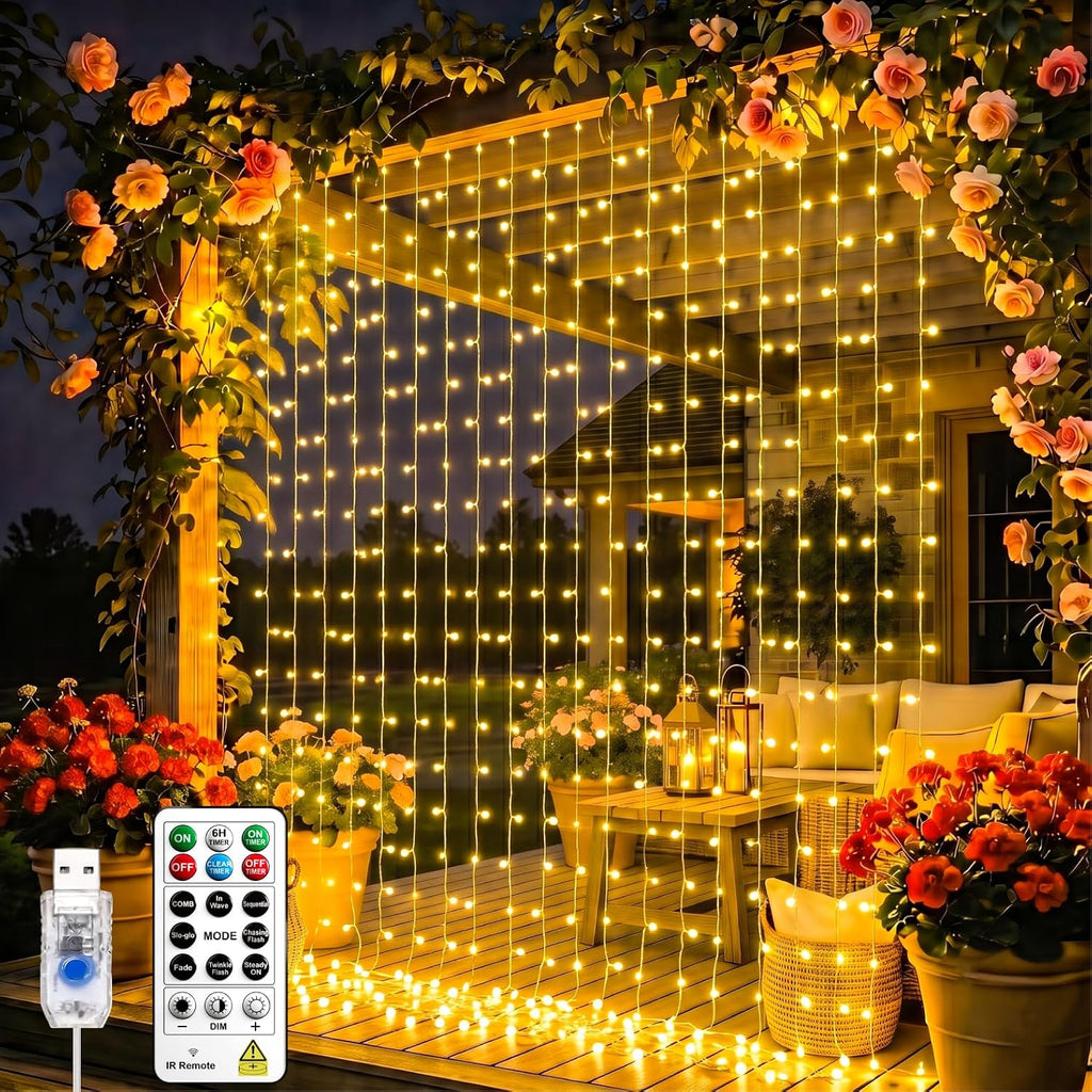 Curtain String Light, 300LED 9.8x9.8ft, Remote & 8 Modes, USB