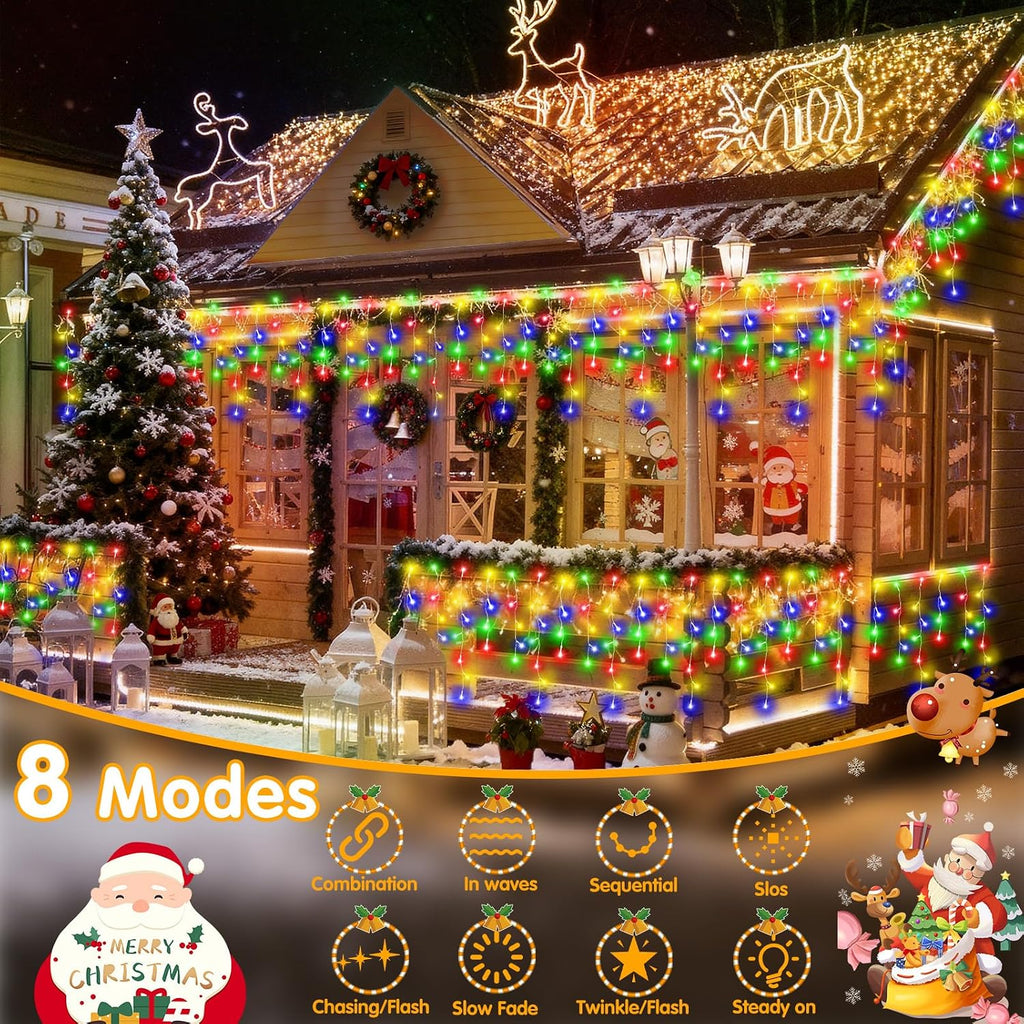 Hezbjiti 2Pack Total 800LED Ice Lights 33FT Christmas Lights String Lights Outdoor Decoration 8 Modes 150 Drops Fairy Lights for Eaves Party Yard Garden Xmas Decor（Multicolor）