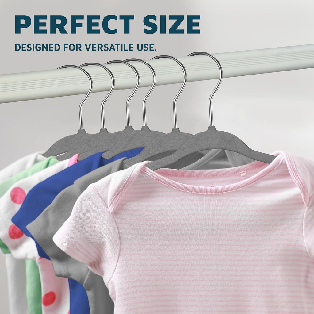 Gray Velvet Kids Hangers 50 Pack, 10.83" Non-Slip Baby & Toddler Hangers for Clothes, Space-Saving Slim ABS Plastic with 360° Swivel Hook & Notched Shoulders, Up to 10 lb Capacity