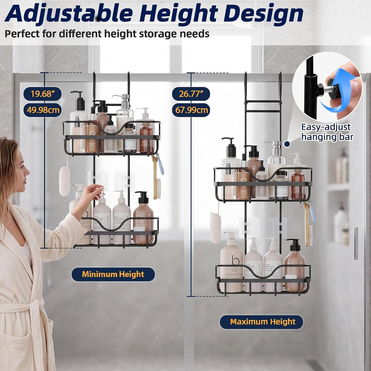 Skyapex Over the Door Shower Caddy Hanging: Black Rustproof Bathroom Organizer Over Glass with Hooks