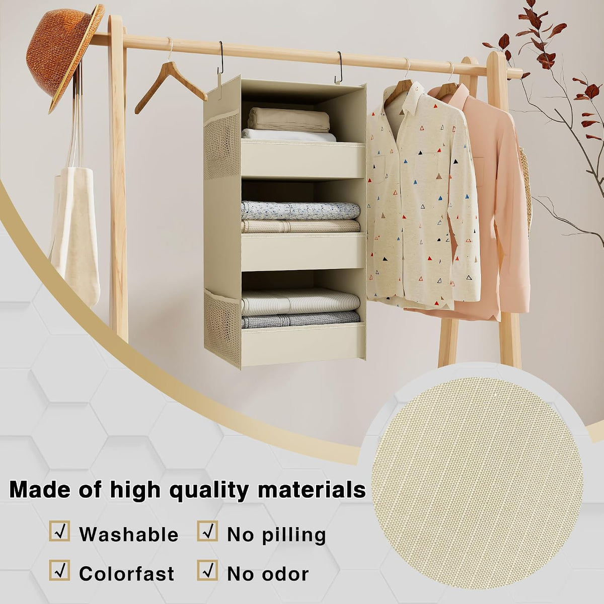3-Shelf Hanging Closet Organizer, Washable Foldable Storage Shelves, Beige