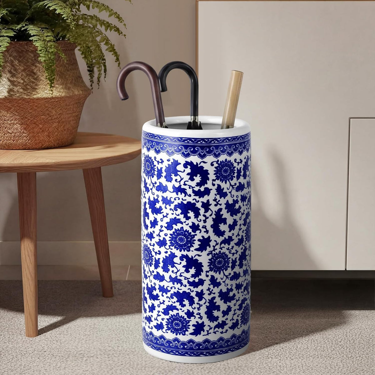 Sawysine Blue White Ceramic Umbrella Stand with Lotus in Vine Design