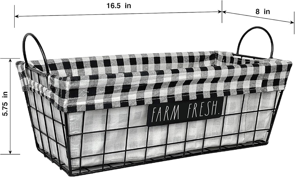 Rae Dunn ‘Farm Fresh’ Metal Lined Basket - Rustic, Farmhouse, Vintage Style with Wire and Fabric - Storage Organizer for Kitchen, Pantry, Laundry Room, Closet, Nursery, Office - Cute Home Décor