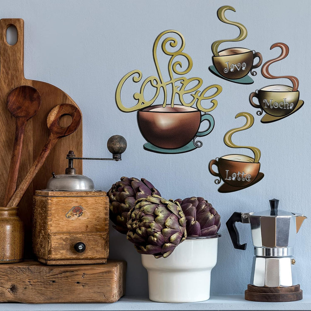 Hotop 4 Pcss Metal Coffee Cup Wall Art Decor Coffee Decor, Brown