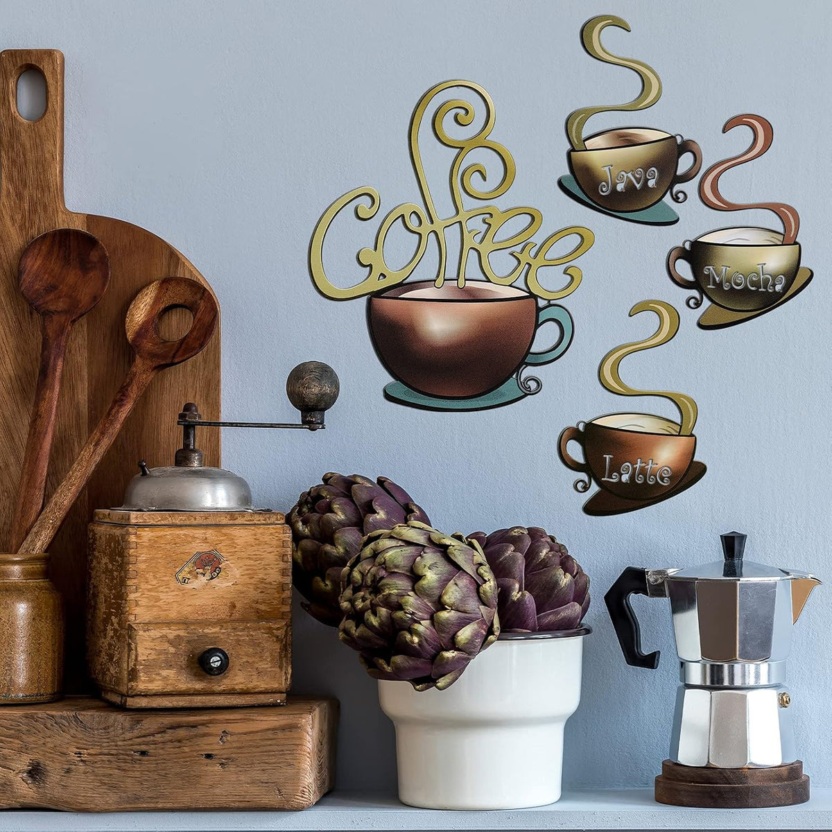 Hotop 4 Pcss Metal Coffee Cup Wall Art Decor Coffee Decor, Brown