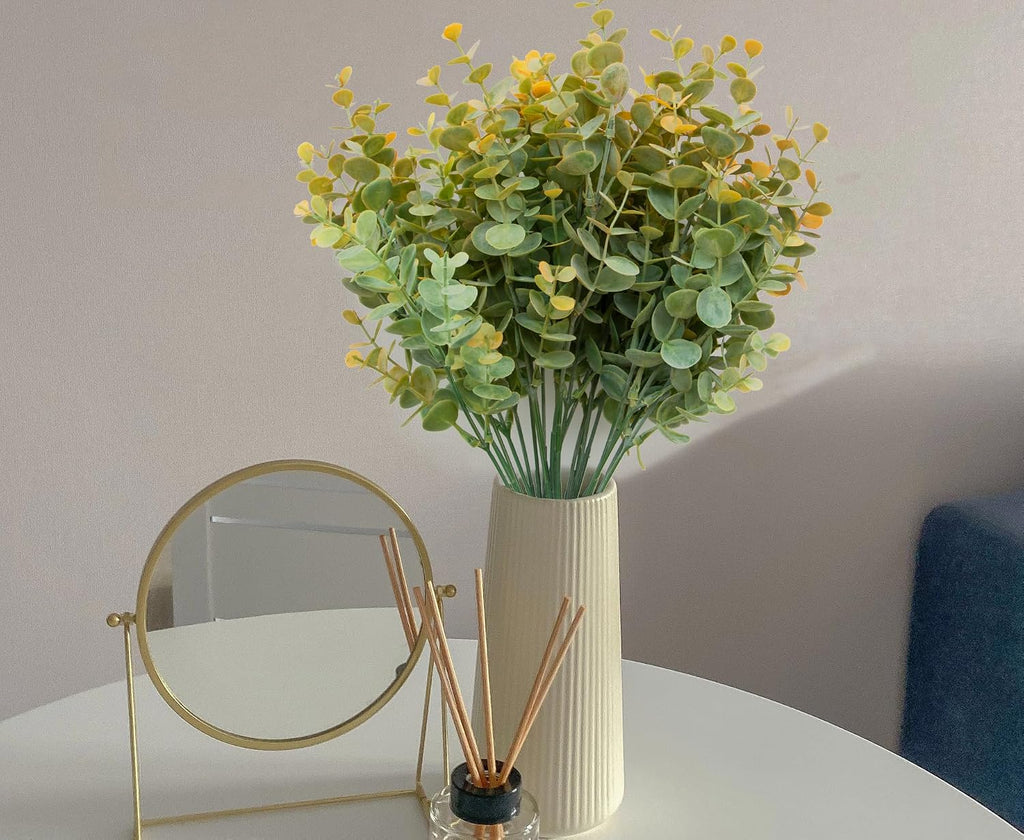 5Pcs Artificial Eucalyptus Stems，Artificial Greenery Fake Dust Frosted Eucalyptus Branches Leaves，Fake Plants for Decoration(Dusty Orange-13.8 in)