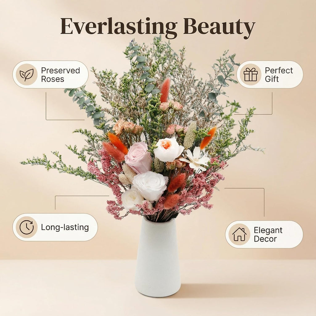 17" Dried Flower Bouquets with Vase Included, 100% Natural Dried Flowers with Forever Pink Roses,Bunny Tails,Eucalyptus Rustic Boho Decor for Home,Party Fall Decor