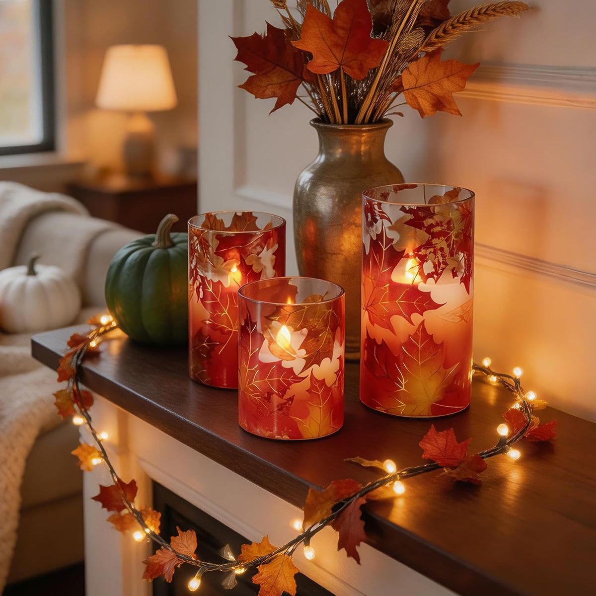Fall Flameless Candles, 3 Pack Glass Pillar Candles, Maple Leaf