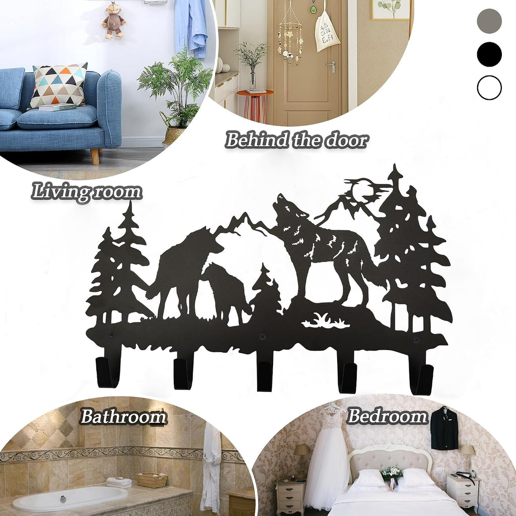 Metal Wolf Coat Hooks Wall Art Decor-Wolf Hangers and Key Holder-Clothes Rack and Backpack Hanger-Animal Theme Hooks Sweet Home Decor for Storage, Living Room, Hallway, Office (Black)