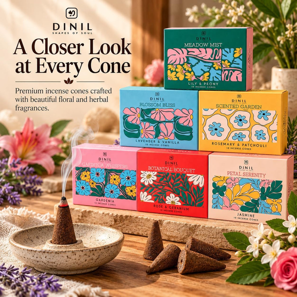 Dinil Floral Incense Cones Variety Pack, 60 Cones, 6 Floral & Herbal Scents