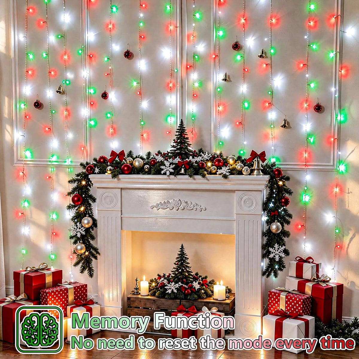YEGUO 300 LED Red White and Green Christmas Lights, Curtain Lights Plug in, 8 Modes Hanging String Lights for Bedroom Wall Window Backdrop Indoor Outdoor Party Xmas Decorations-9.8x9.8ft