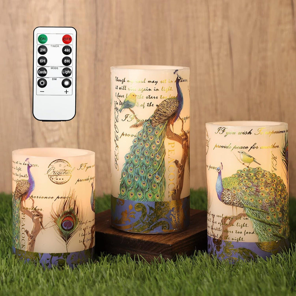 Flameless Candles Peacock Decor Battery Operated Candle with Remote Real Wax Flickering LED Pillar Candle Vintage Home Decor for Spring, Summer, Wedding Decor, Mothers Day Gifts