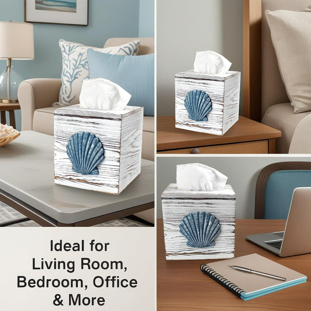 Coastal Tissue Box Cover Wooden Retro with Sliding Bottom Panel Beach Decor for Bathroom Bedroom Living Room,Seashell Decor Suitable for Coastal Gifts Beach House Gifts